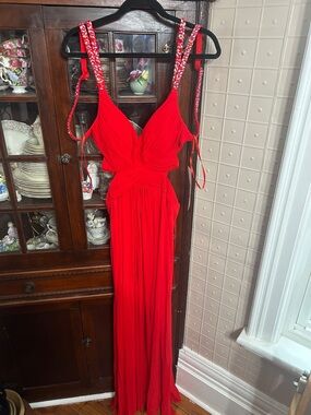 Prom: Red Ruched Prom Dress with Embellished Straps NWT